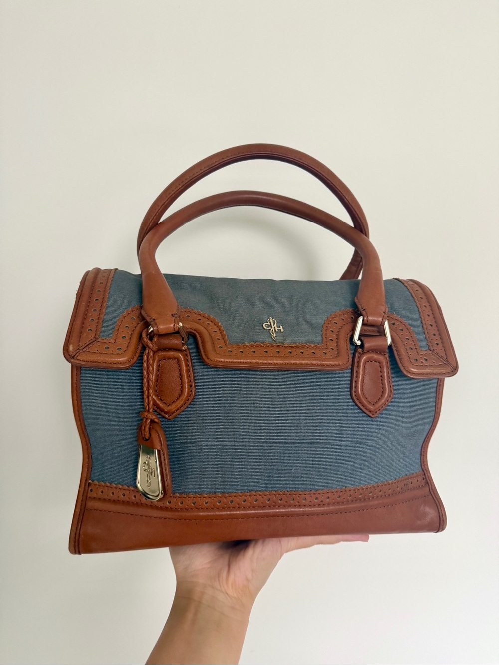 Cole Haan Blue Canvas Tote with Brown Leather Trim